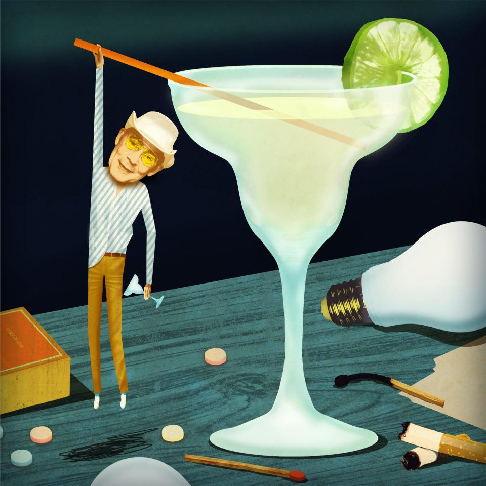 Hunter S. Thompson hanging off of the straw in a margarita