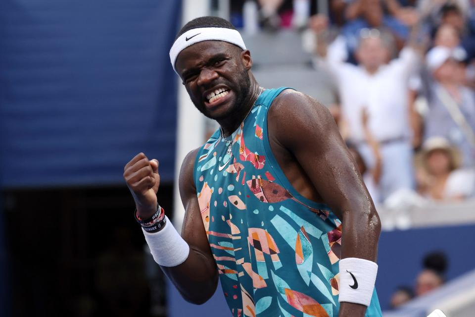 Frances Tiafoe celebrates as he plays Rinky Hijikata, of Australia, during the fourth round of the U.S. Open tennis championships, Sunday, Sept. 3, 2023, in New York.