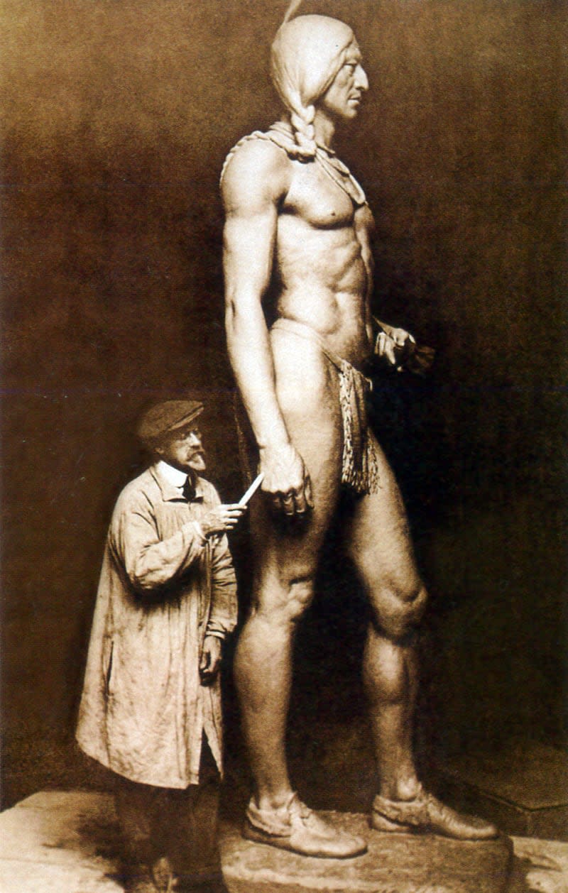 Springville Museum of Art founder and sculptor Cyrus Dallin, known nationally for his depictions of famous Americans and American Indians, works on a Massasoit sculpture in 1920.