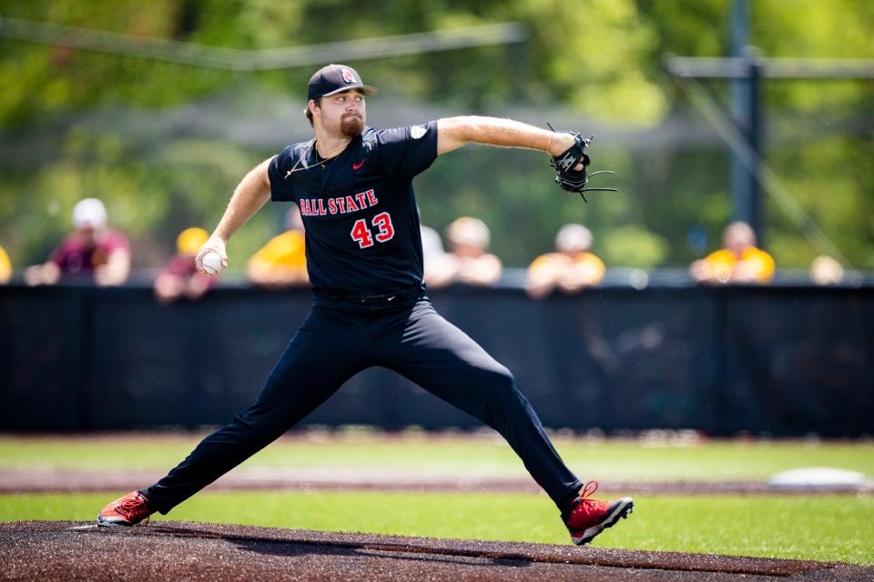 Ball State baseball junior Trennor O'Donnell pitched five innings against Central Michigan in the MAC Tournament championship at Ball Diamond at First Merchants Ballpark Complex on Sunday, May 29, 2022.