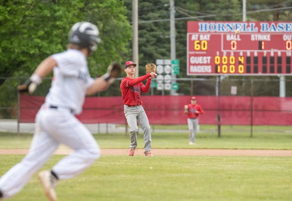 Shawn Rose lets the ball fly to first base for the first out of the fifth inning as Hornell got past visiting Waterloo Wednesday in the Section V semifinals.