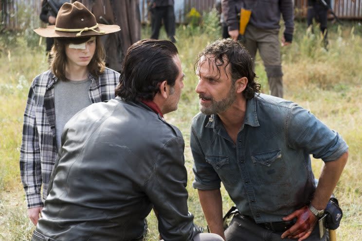 Andrew Lincoln as Rick Grimes, Chandler Riggs as Carl Grimes, Jeffrey Dean Morgan as Negan on AMC’s <i>The Walking Dead</i>.<br>(Photo: Gene Page/AMC)