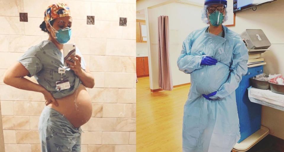 Taylor Poynter is still working as a physicians assistant at 33 weeks pregnant. (Images via Instagram). 