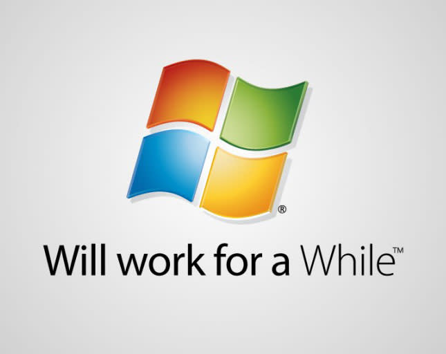 Auch Windows kriegt bei Viktor Hertz` Markenparodien sein Fett weg: "Will work for a While". (Grafik: Viktor Hertz)