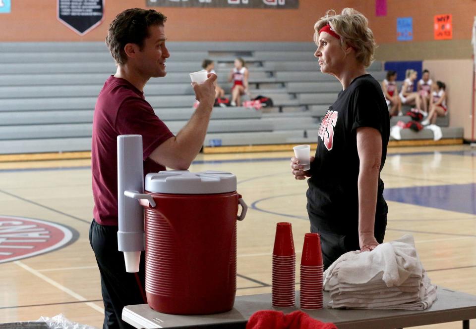 Will (Matthew Morrison) and Sue (Jane Lynch) chat in the special two-hour series finale on March 20, 2015.&nbsp; (Photo: FOX via Getty Images)