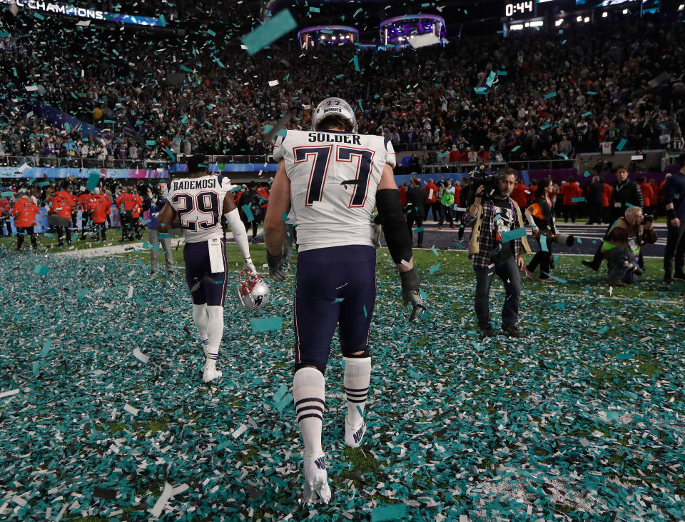 <p>New England Patriots’ Johnson Bademosi (29) and Nate Solder walk off the field after the NFL Super Bowl 52 football game against the Philadelphia Eagles Sunday, Feb. 4, 2018, in Minneapolis. The Eagles won 41-33. (AP Photo/Mark Humphrey) </p>