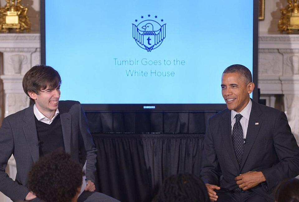 <span class="caption">Tumblr founder David Karp meets with President Barack Obama in 2014 at a high point for the social media platform.</span> <span class="attribution"><a class="link " href="https://www.gettyimages.com/detail/news-photo/president-barack-obama-speaks-during-an-event-on-the-news-photo/450398894?adppopup=true" rel="nofollow noopener" target="_blank" data-ylk="slk:Mandel Ngan/AFP via Getty Images">Mandel Ngan/AFP via Getty Images</a></span>