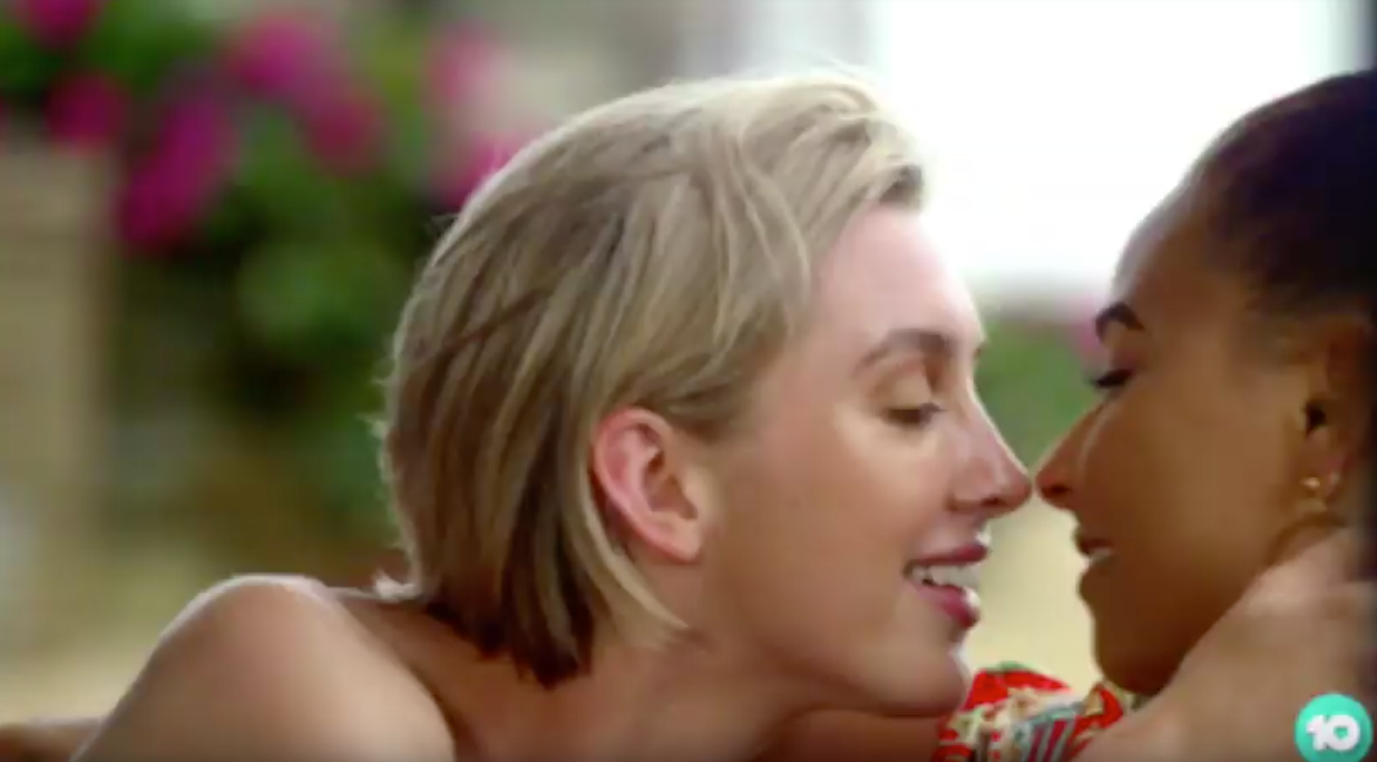 Alex Nation and Brooke Blurton look close to kissing in the new Bachelor In Paradise promo. Photo: Channel Ten