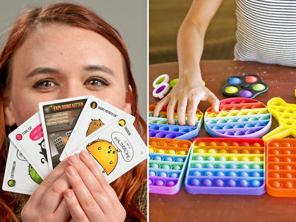 Left: Skye holds cards from the game "exploding kittens". Right: Pop it toy, educational creative toy for child