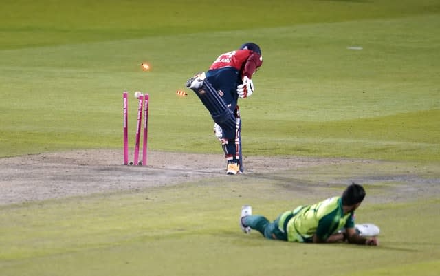 Chris Jordan (left) is run out by Pakistan’s Wahab Riaz