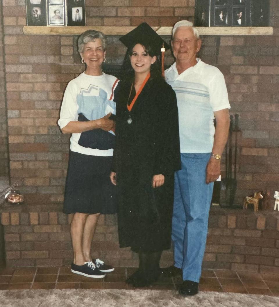 Katie Grover, center, is pictured after her high school graduation with her maternal grandmother, Genevieve Slack Meditz, and grandfather, Lloyd Meditz. Genevieve, who died in 2013, insisted that Katie learn as a young woman to make her famous povitica.