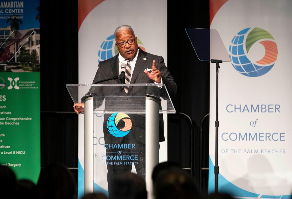 West Palm Beach Mayor Keith James delivers his State of the City address at the Palm Beach County Convention Center in West Palm Beach, Florida on January 27, 2023.