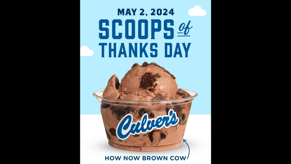Culver’s “How Now Brown Cow” custard will return for one day only on Scoops of Thanks Day.