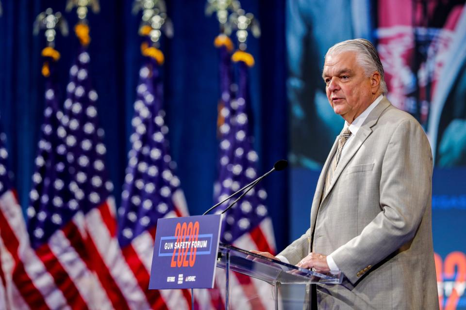 Nevada Governor Steve Sisolak speaks on the October 1, 2017 Las Vegas Strip mass shooting during a forum held by gun safety organizations the Giffords group and March For Our Lives in Las Vegas, Nevada, U.S. October 2, 2019.  REUTERS/Steve Marcus