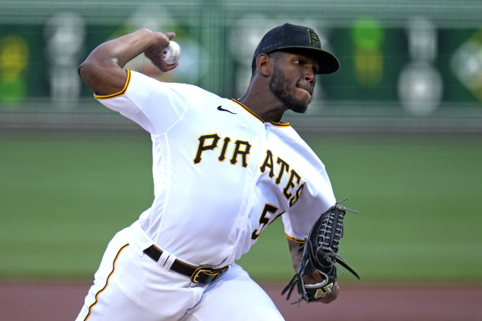 Pittsburgh Pirates' Roansy Contreras delivers during the first inning of a baseball game against the Houston Astros in Pittsburgh, Monday, April 10, 2023. (AP Photo/Gene J. Puskar)