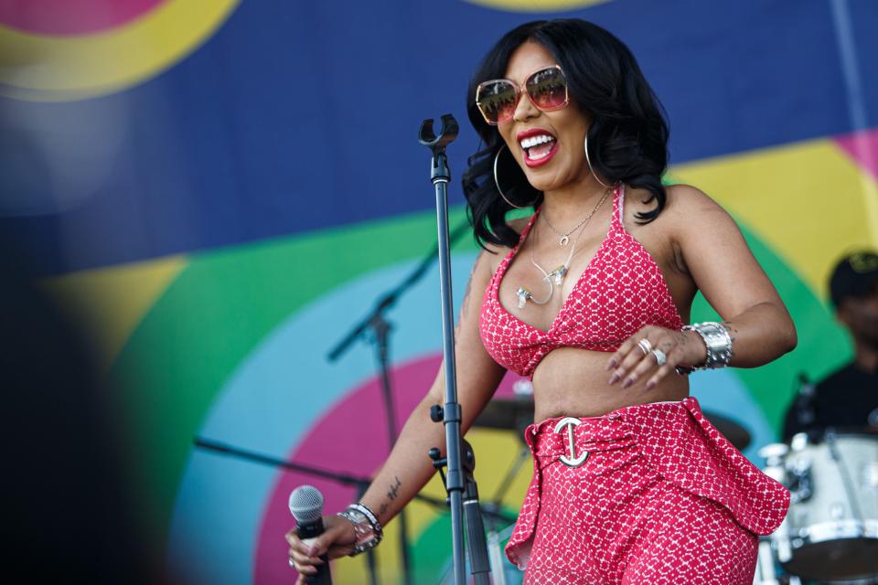 K. Michelle, aka Puddin, performs at the Amp Stage during the 50th annual CMA Fest in Nashville, Tenn. on June 10, 2023. 