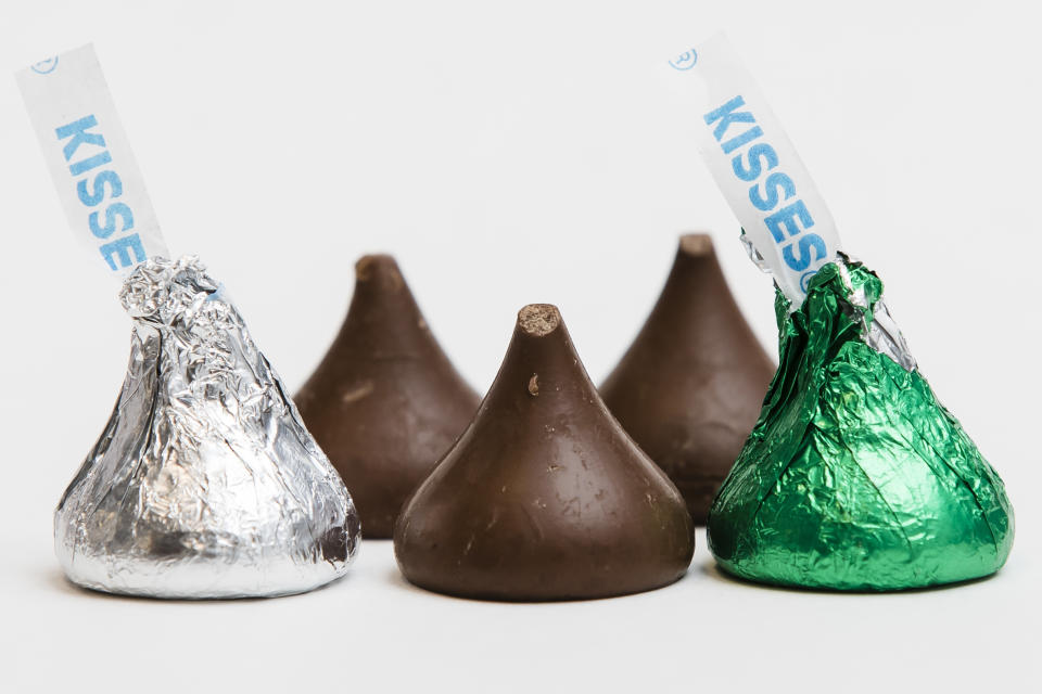 Hershey's Kisses are shown in Philadelphia on Thursday, Dec. 20, 2018. The chocolate candy's trademark tips have been mysteriously missing from batches around the country. (AP Photo/Matt Rourke)