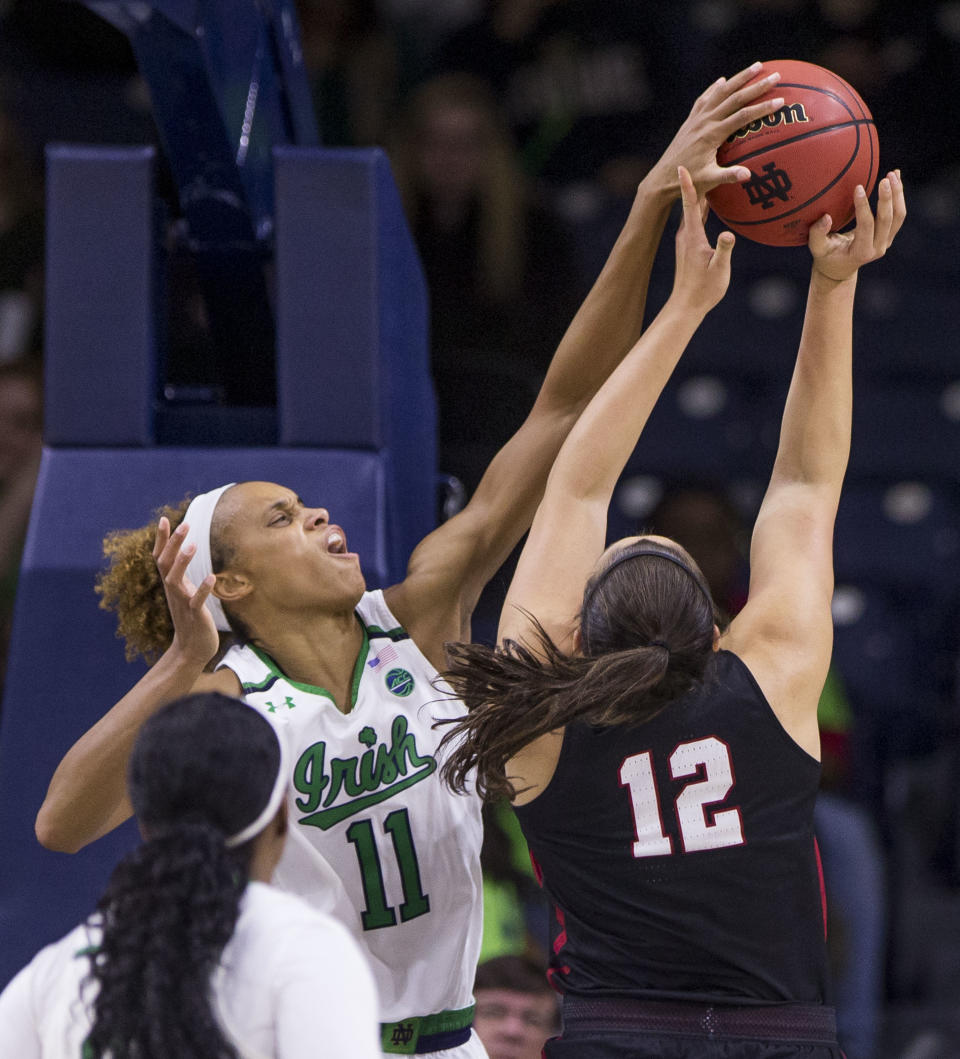 Notre Dame's Brianna Turner (11) blocks a shot by Harvard's Rachel Levy (12) during the second half of an NCAA college basketball game Friday, Nov. 9, 2018, in South Bend, Ind. Notre Dame won 103-58. (AP Photo/Robert Franklin)