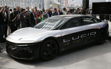 The Lucid Air speed test car is displayed at the 2017 New York International Auto Show in New York City, U.S. April 13, 2017. REUTERS/Andrew Kelly