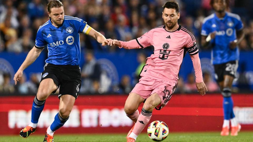 <div>MONTREAL, CANADA - MAY 11: Lionel Messi #10 of Inter Miami controls the ball against <a class="link " href="https://sports.yahoo.com/soccer/players/397960/" data-i13n="sec:content-canvas;subsec:anchor_text;elm:context_link" data-ylk="slk:Samuel Piette;sec:content-canvas;subsec:anchor_text;elm:context_link;itc:0">Samuel Piette</a> #6 of <a class="link " href="https://sports.yahoo.com/soccer/teams/montreal/" data-i13n="sec:content-canvas;subsec:anchor_text;elm:context_link" data-ylk="slk:CF Montréal;sec:content-canvas;subsec:anchor_text;elm:context_link;itc:0">CF Montréal</a> during the second half at Saputo Stadium on May 11, 2024 in Montreal, Quebec, Canada. Inter Miami defeated CF Montréal 3-2. (Photo by Minas Panagiotakis/Getty Images)</div>