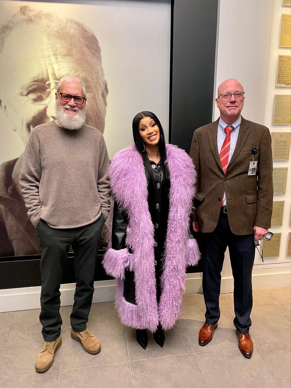 From left, David Letterman, Cardi B and Acting Director William Harris pose together at the Franklin D. Roosevelt Presidential Library and Museum in Hyde Park on Jan. 28.