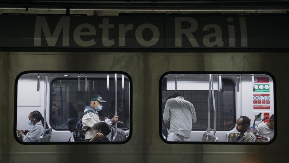 PHOTO: Passengers travel on an A-line train in Los Angeles, California, US, Oct. 17, 2023. (Eric Thayer/Bloomberg via Getty Images)