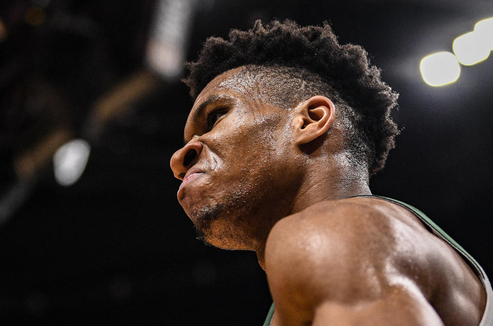 Giannis Antetokounmpo was one assist away from a triple-double in Friday night's contest against the Miami Heat. (Photo by Mark Brown/Getty Images)