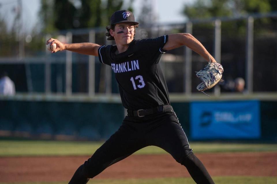 Franklin’s Nic Abraham (13) pitches in the third inning against the Whitney Wildcats during the CIF Sac-Joaquin Section Division I high school baseball championship game Friday, May 26, 2023, at Sacramento City College.
