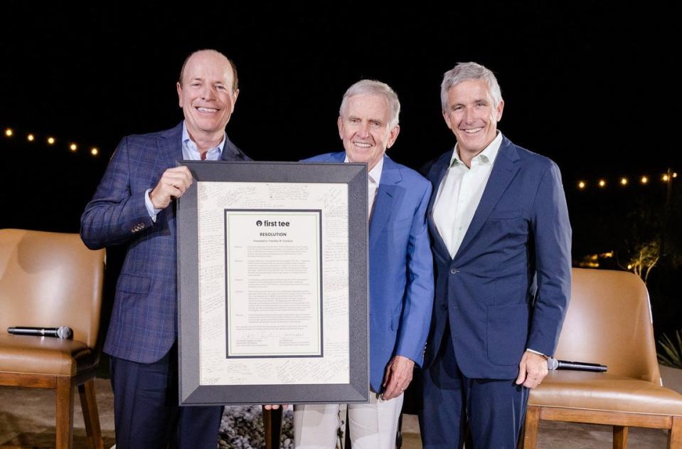 Former PGA Tour commissioner Tim Finchem (center) was honored with the First Tee's Lifetime Achievement Award. On the right is Tour commissioner Jay Monahan and on the left is World Golf Foundation CEO Greg McLaughlin