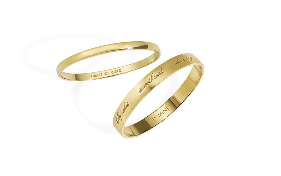 <p>You’ll be sending a personal message with this classic bangle: “Heart of Gold” is stamped on the inside, so only the wearer will get the sentiment.</p> <p>To buy: <a rel="nofollow noopener" href="http://click.linksynergy.com/fs-bin/click?id=93xLBvPhAeE&subid=0&offerid=390098.1&type=10&tmpid=8157&RD_PARM1=http%253A%252F%252Fshop.nordstrom.com%252Fs%252Fkate-spade-new-york-idiom-heart-of-gold-bangle%252F3299865%253Forigin%253Dcategory-personalizedsort%2526fashioncolor%253DGOLD&u1=TL_50" target="_blank" data-ylk="slk:Nordstrom;elm:context_link;itc:0;sec:content-canvas" class="link ">Nordstrom</a>, $32</p>