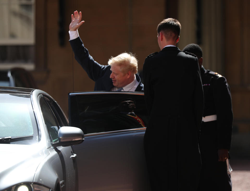 Newly Prime Minister Boris Johnson leaves Buckingham Palace in London, following an audience with Queen Elizabeth II where he was invited to become Prime Minister and form a new government.