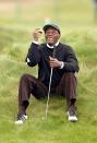 <p>Samuel L. Jackson takes a seat during the third round of the Dunhill Links Championship at the Carnoustie Golf Club in October 2004.</p>