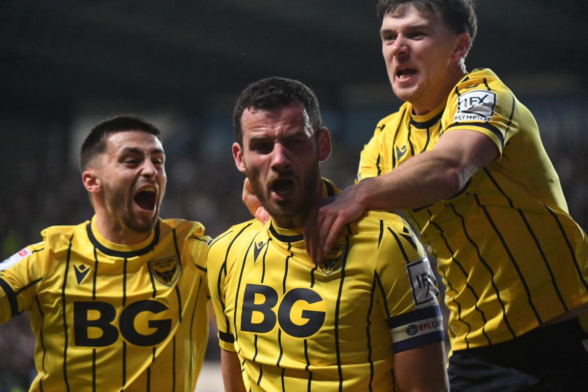 Elliott Moore celebrates giving Oxford United the lead <i>(Image: Mike Allen)</i>