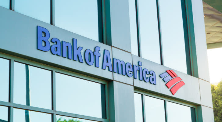 The logo of Bank of America (BAC) in modern office building in Beverly Hills, California