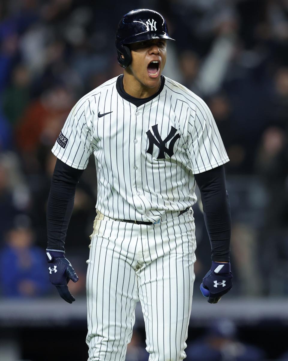 Apr 19, 2024; Bronx, New York, USA; New York Yankees right fielder Juan Soto (22) reacts after hitting a three run home run against the Tampa Bay Rays during the seventh inning at Yankee Stadium. Mandatory Credit: Brad Penner-USA TODAY Sports