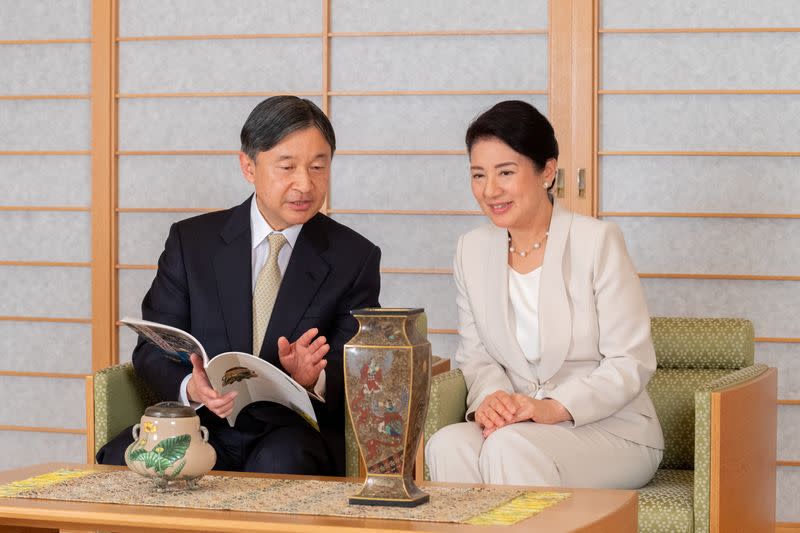 Japanese Emperor Naruhito and Empress Masako pose at the Imperial Palace in Tokyo