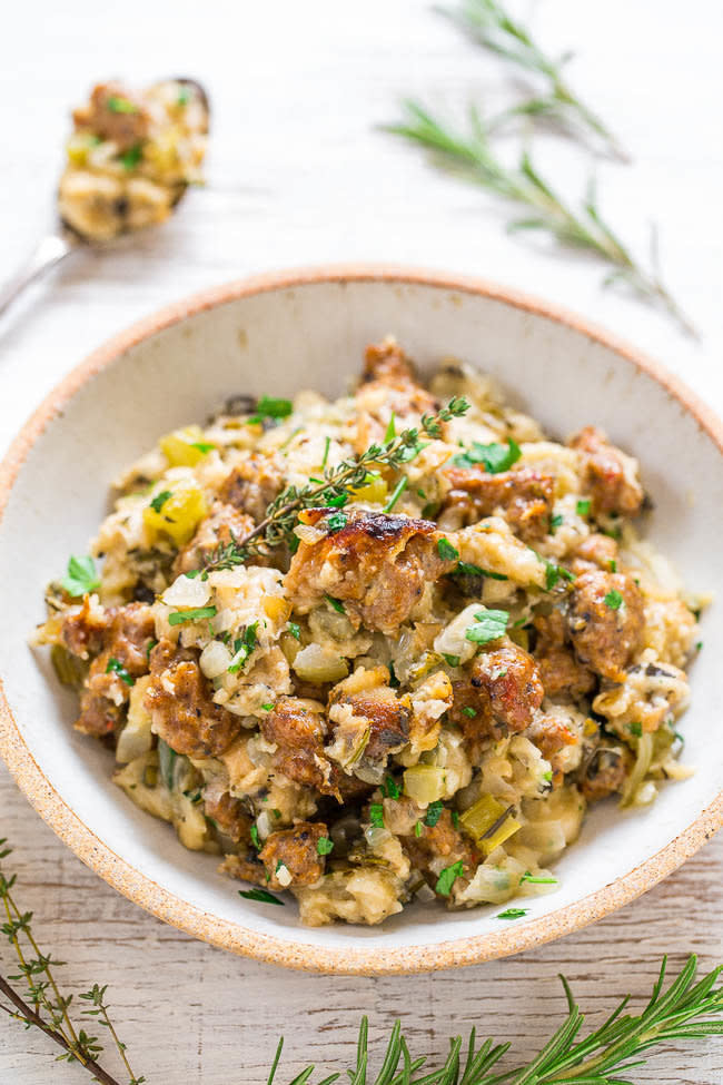 <strong>Get the <a href="https://www.averiecooks.com/2016/11/slow-cooker-sausage-stuffing.html" target="_blank">Slow Cooker Sausage Stuffing&nbsp;recipe</a> from&nbsp;</strong><strong>Averie Cooks</strong>