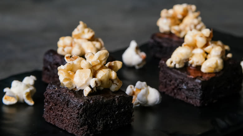 Brownies with caramel popcorn on top