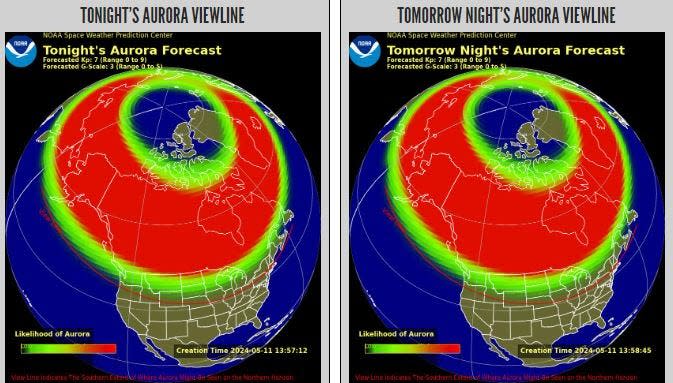 National Weather Service maps predict auroral visibility for Saturday and Sunday.