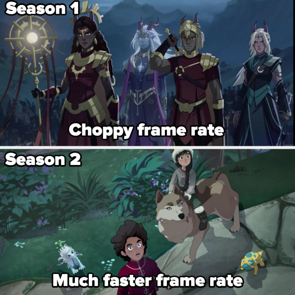 Season 1 labeled "choppy frame rate" and season 2 labeled "much faster frame rate"