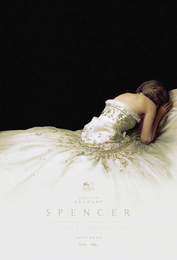 Poster for the film "Spencer" with Diana having a breakdown in her iconic white dress