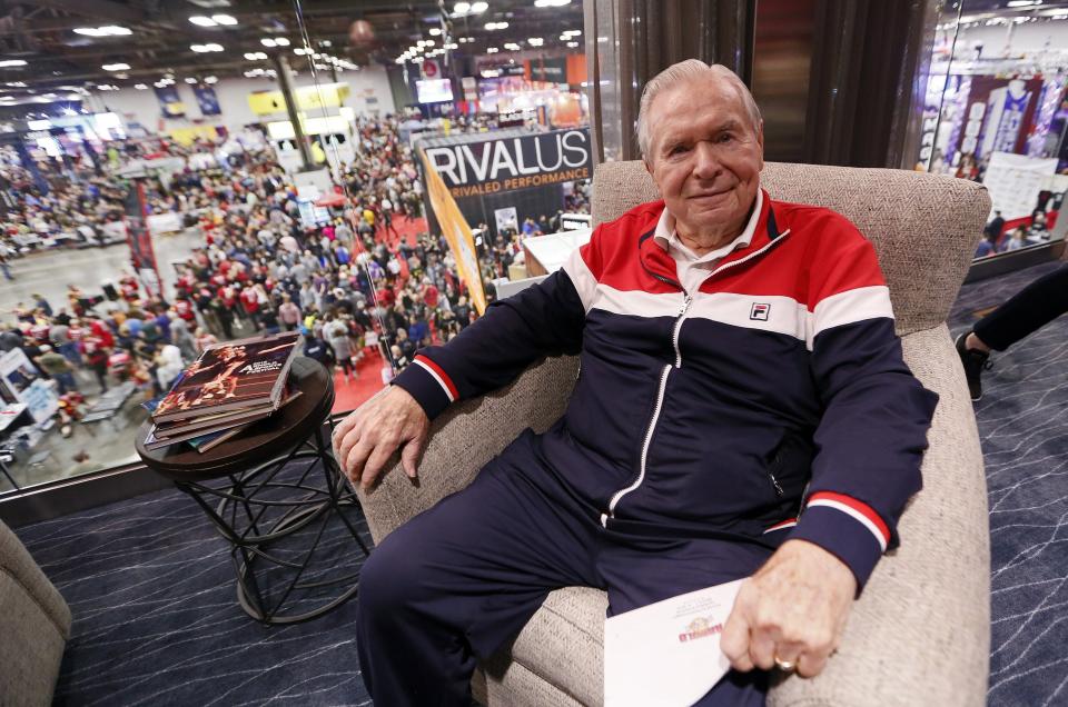 Jim Lorimer sits in the Lorimer Suite overlooking the main exhibition hall during the Arnold Fitness Expo inside the Greater Columbus Convention Center on March 2, 2018.