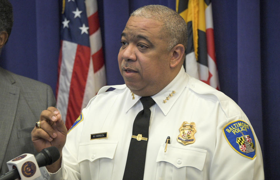 Baltimore Police Commissioner Michael Harrison announces support for a pilot program that uses surveillance planes over the city to combat crime on Friday, Dec. 20, 2019, in Baltimore. (Jerry Jackson/The Baltimore Sun via AP)