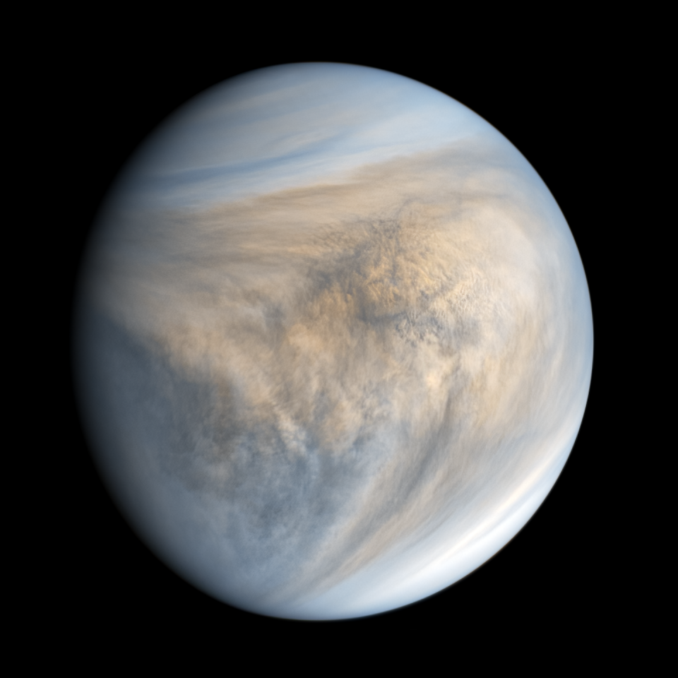 Venus, with visible clouds on its surface, photographed with UV light.