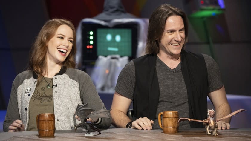 SYFY Wire's The Great Debate -- Syfy TV Series, THE GREAT DEBATE -- "Dungeons & Debate-gons" Episode 107 -- Pictured: (l-r) Marisha Ray, Matt Mercer -- (Photo by: Richie Knapp/SYFY) Marisha Ray, left, and Matt Mercer in "SYFY Wire's The Great Debate" on Syfy.