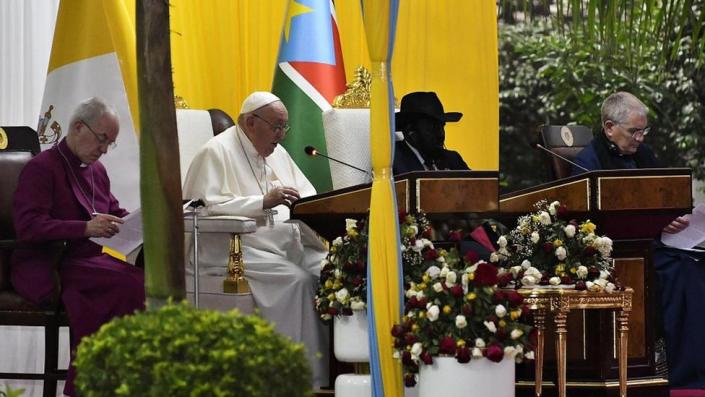 Pope Francis, South Sudan's President Salva Kiir Mayardit, Archbishop of Canterbury Justin Welby and Church of Scotland Moderator Iain Greenshields in the garden of the Presidential Palace, during his apostolic journey, in Juba, South Sudan, February 3, 2023.