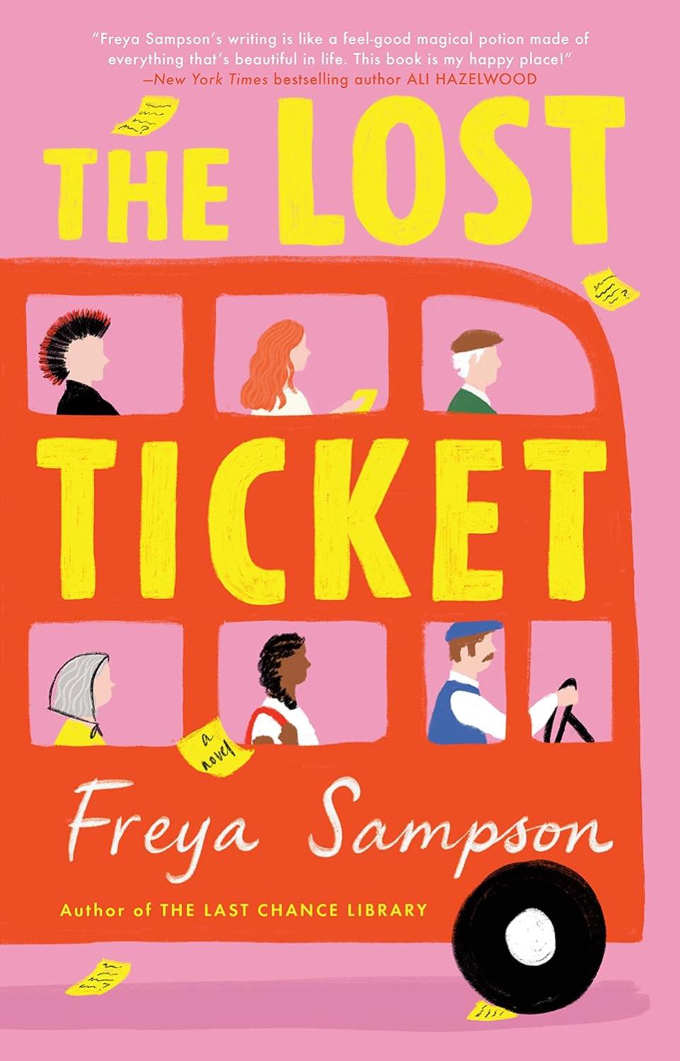 Best loneliness books: The Lost Ticket by Freya Sampson book cover shows a bright illustration of a red bus with people inside