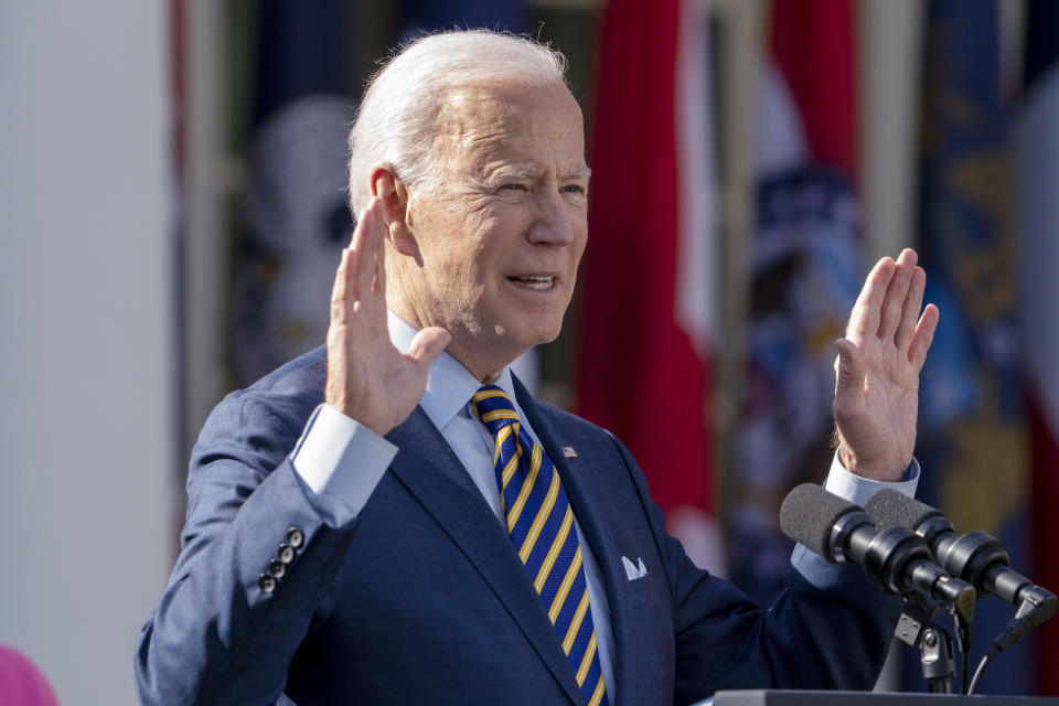 President Joe Biden speaks about the American Rescue Plan, a coronavirus relief package, in the Rose Garden of the White House, Friday, March 12, 2021, in Washington. (AP Photo/Alex Brandon)