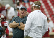 UCLA head coach Chip Kelly, left, talks with Oklahoma defensive coordinator Mike Stoops, right, before their NCAA college football game in Norman, Okla., Saturday, Sept. 8, 2018. (AP Photo/Sue Ogrocki)