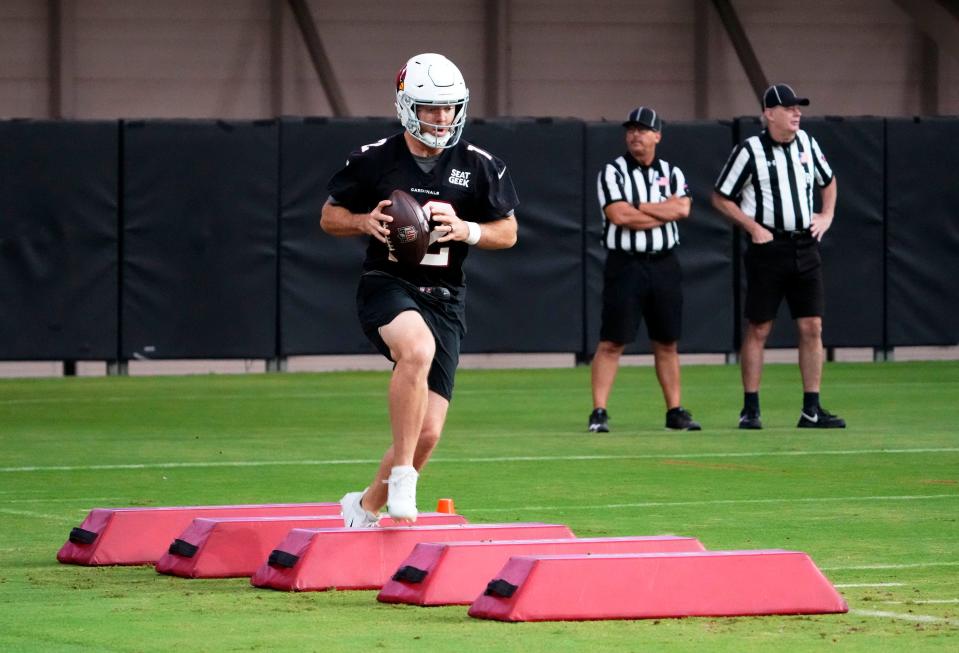 Aug 9, 2022; Glendale, Arizona, USA; Arizona Cardinals quarterback Colt McCoy (12) during training camp at State Farm Stadium.